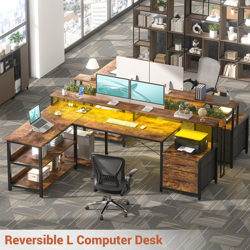 Joinvil L-Shaped Computer Desk  with Drawers and Monitor Shelf, Gaming Desk with RGB LED Lights & USB Ports, Gray