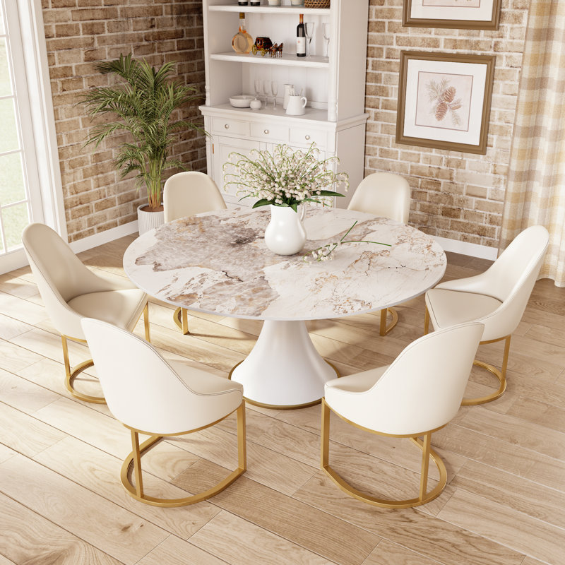 Ensemble de table ronde blanc pierre, H 29,52 po x l 59 po x P 59 po, Sable chaud, 7 pièces : table, 6 chaises
