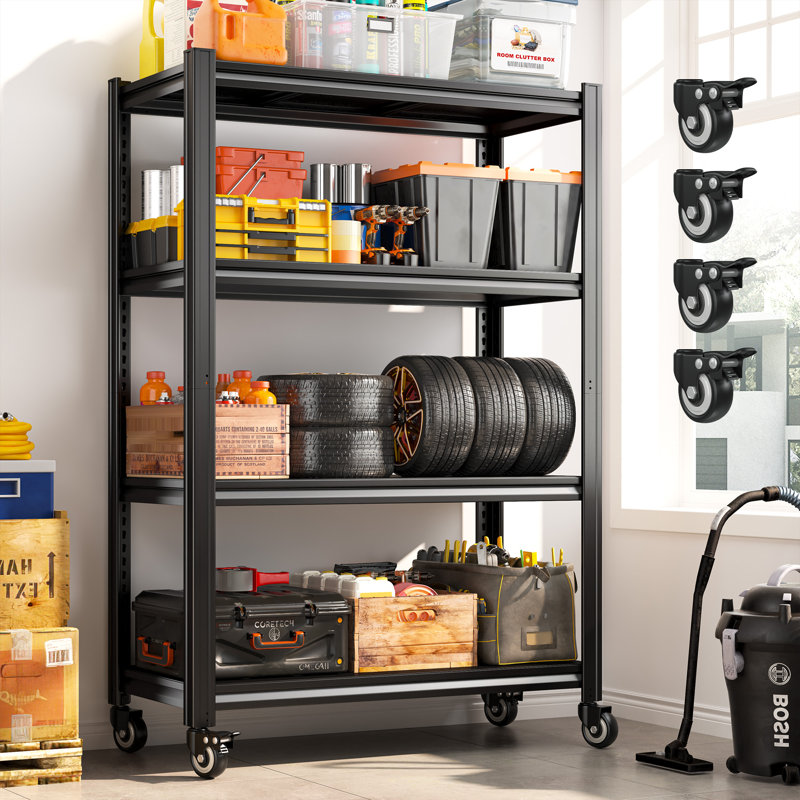 4-tier Heavy Duty Steel Shelving  Unit With 4 Lockable Wheels, Adjustable Shelving Rack With Double-layer Support Columns