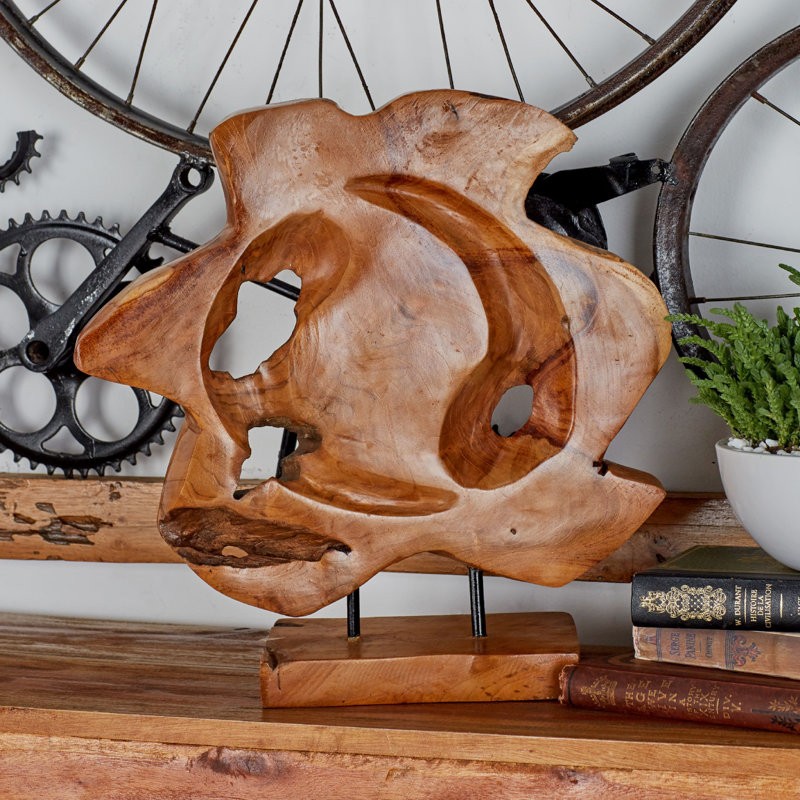 Brown Teak Wood Live Edge Abstract Tabletop Sculpture