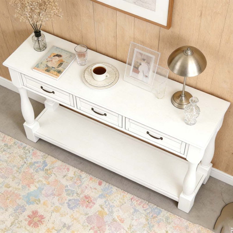 Console de 63 po de long en bois avec 3 tiroirs et 1 tablette inférieure, Blanc antique