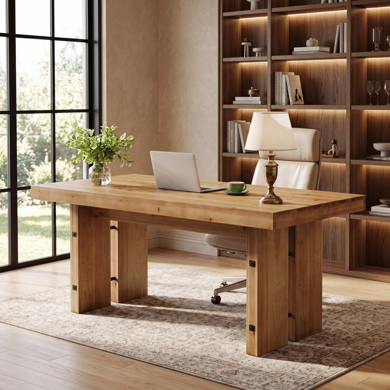 63" Farmhouse Solid Wood Executive Desk, Large Computer Writing Desk Workstation for Home Office, Light Brown