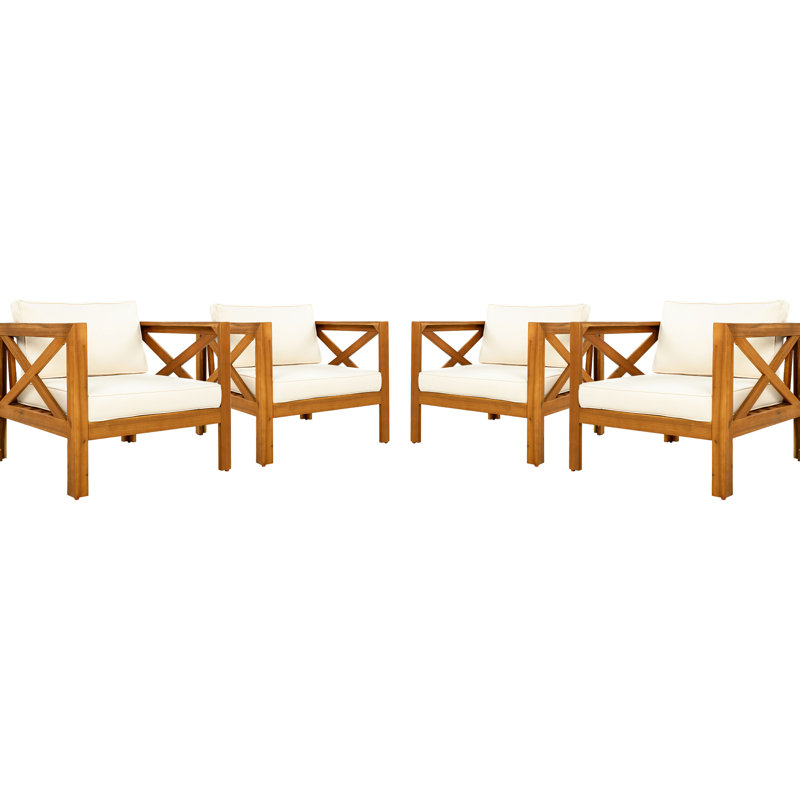 Fauteuil club d'extérieur en bois avec coussins beiges de 4, conversation, confortable et résistant aux intempéries, fauteuil de finition, 4, coussins, finition, sièges, rassemblements, assemblage facile