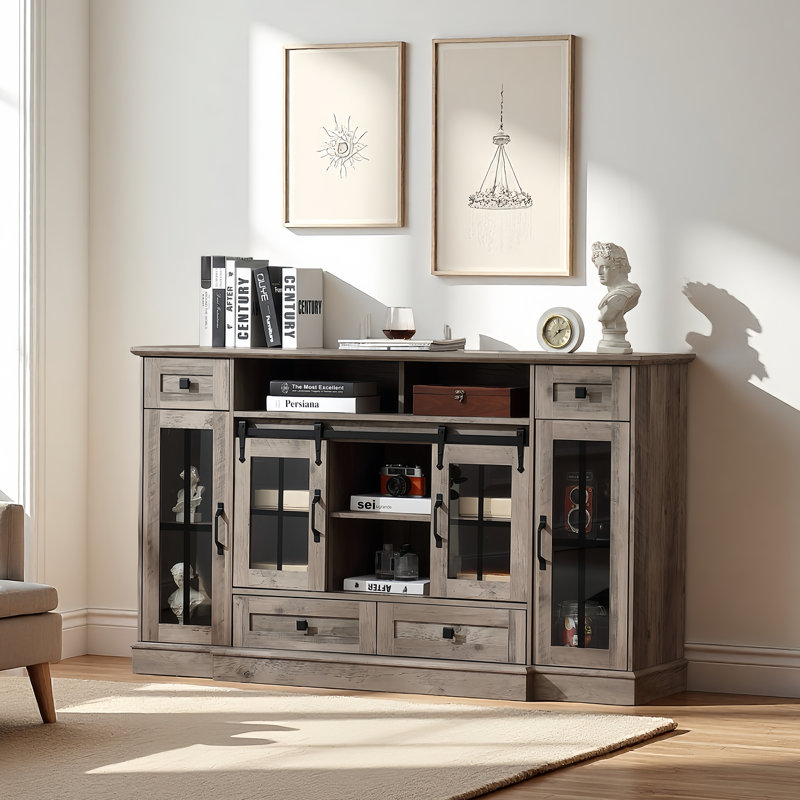 TV Stands with glass sliding doors,drawers and adjustable shelf for great storage,entertainment center, Brown/Gray