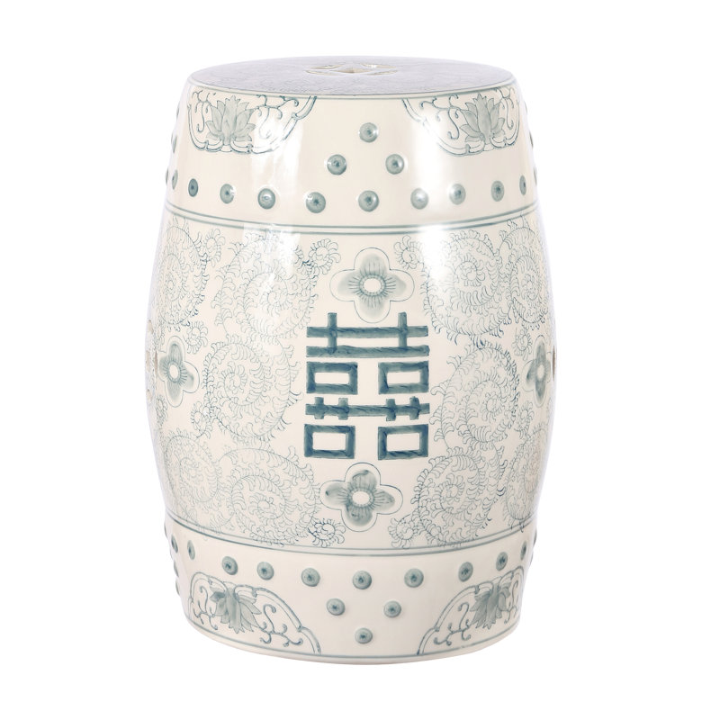 Tabouret de jardin double en céramique sarcelle et blanc Double Happiness, Sauge/blanc