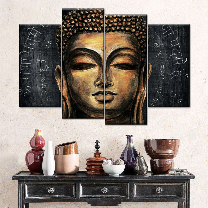 " Gold Stained Buddha Head " 4 - Pieces, 54" H x 84" W x 1.25" D