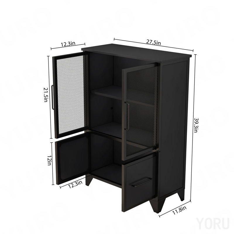 Armoire de rangement à 4 portes en fer, buffet / structure en métal - noir, Black