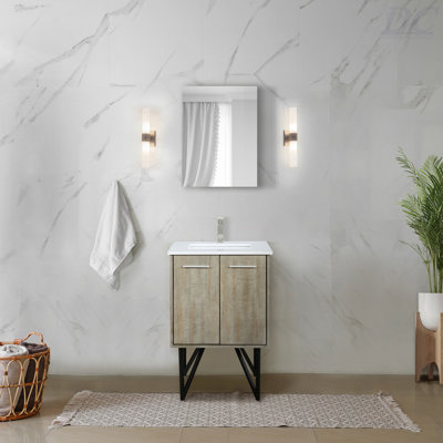 Rustic Acacia Bath Vanity 24 In. W X 20 In. D, White Quartz Top, Brushed Nickel Faucet Set And 18 In. Mirror