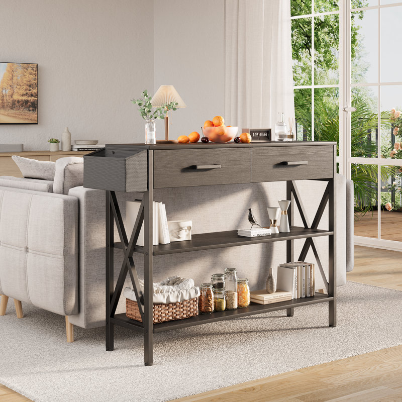Modern Console Table with 2 Drawers, 2 Shelves, Storage Basket & Hooks - Ideal for Entryway or Behind Sofa, Black