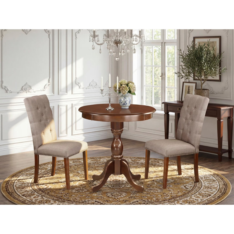 Ensemble de coin repas 3 pièces pour petits espaces comprenant une table de salle à manger ronde avec piédestal et 2 chaises de salle à manger Parson en tissu kaki foncé, acajou