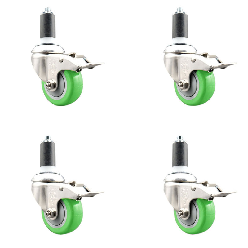 3.5 Inch 316SS Poly Swivel 1-1/4 Inch Expanding Stem Caster Set Lock Brake, Green