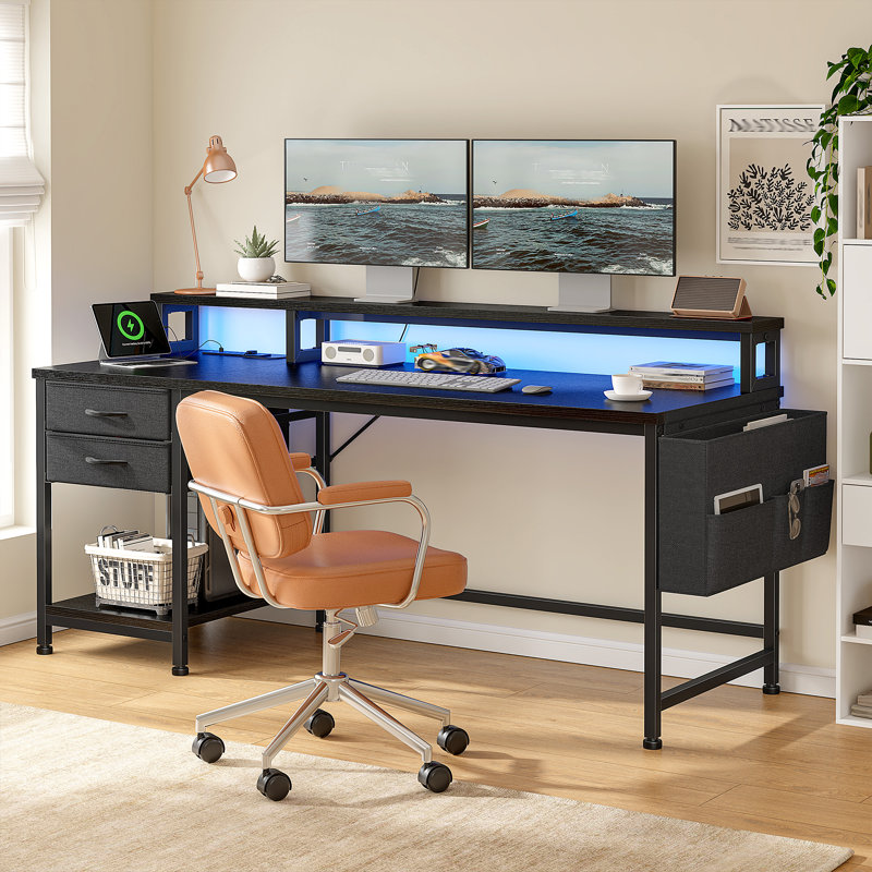 Bureau d'ordinateur avec support pour écran, prise de courant, 2 tiroirs et poche latérale, bureau de jeu avec lumières DEL