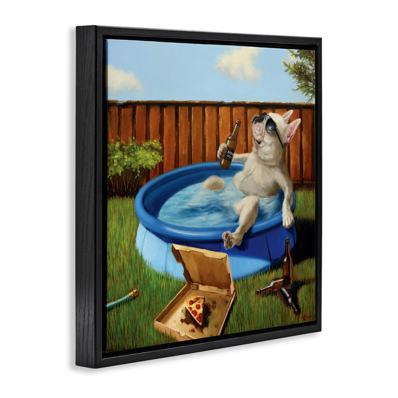 «Dog Dr potable in Summer Pool», art mural sur toile flottante par Lucia Heffernan, Cadre flottant noir de jais