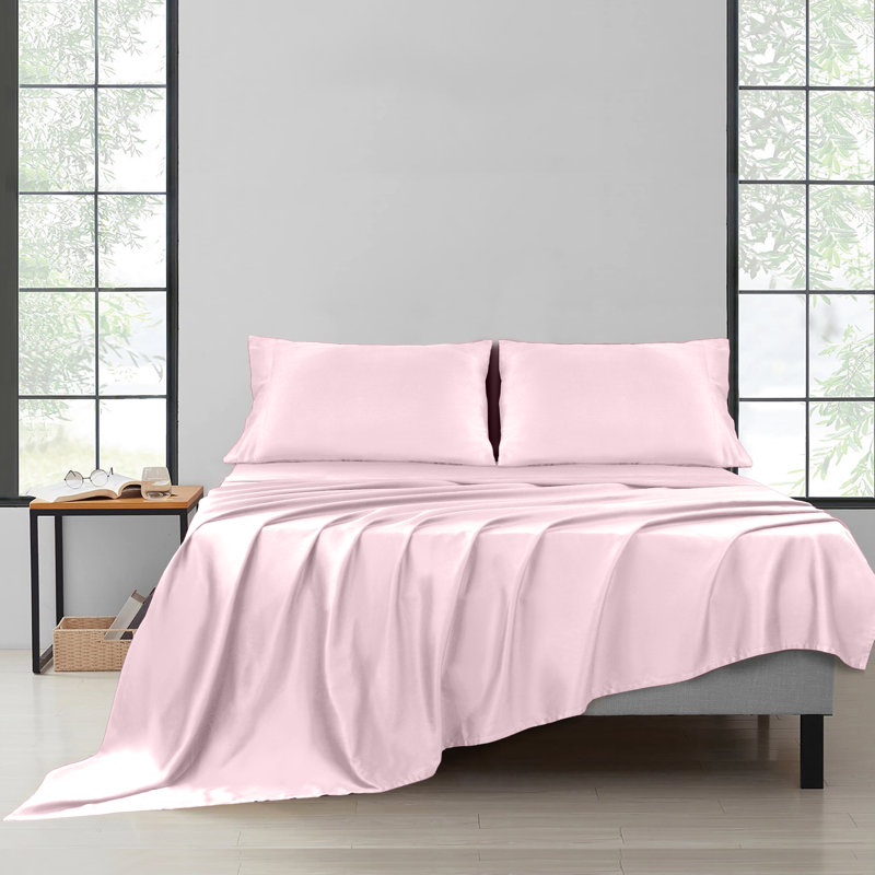 Ensemble de draps 100% satin de coton 200 fils respirant et rafraîchissant, Grand, Rose