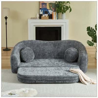 Curved Convertible Sofa Recliner, 2-in-1 Frameless Folding Sofa Bed with Pull-Out Base and Deep Seat Design, Chenille Two-Seater Reclining Sofa