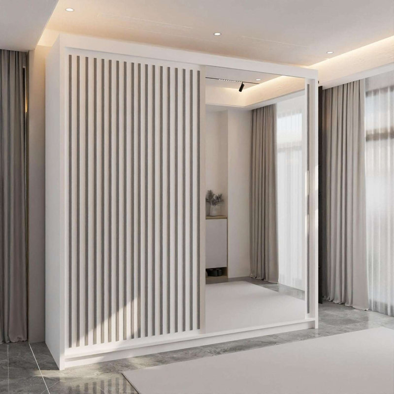 Sliding Wardrobe with Mirror Modern Bedroom 4 Colours 3 Sizes, White, 217cm H X 150cm W X 62cm D