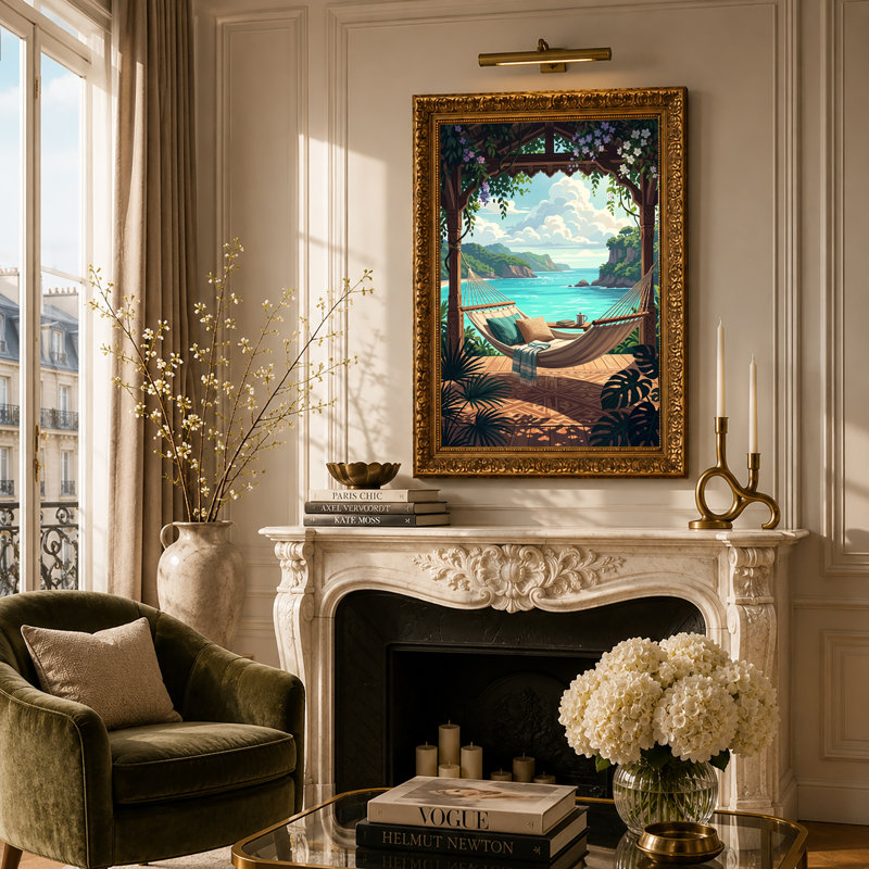 Toile hamac sous une pergola en bois faisant face à l'océan turquoise, 30"H x 20"W
