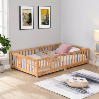 Lit de plancher avec porte, cadre de lit plateforme en bois massif avec clôture, adapté aux enfants, bois de pin