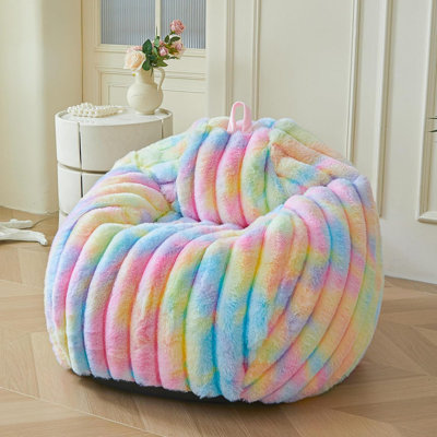 Fluffy Faux Rabbit Fur Bean Bag Chair Cover(No Filler), Tie Dye Shaggy Striped Stuffed Animal Storage Bean Bag For Plush Toys, Fuzzy Ribbed Beanbag Cover Kids Girls Teens, Anti-Slip, Rainbow