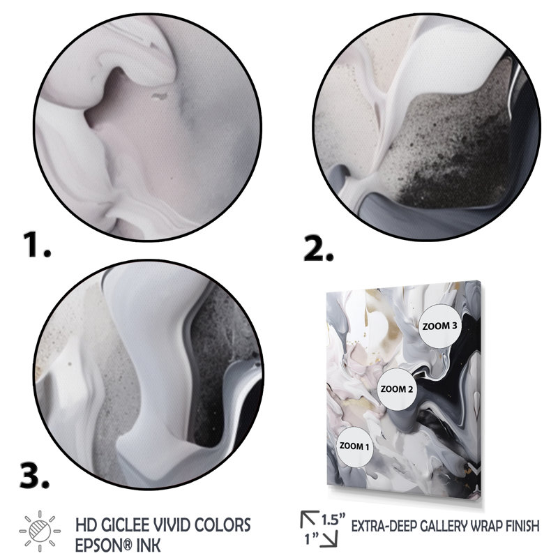 Marbre blanc et gris captivant II - art mural abstrait en marbre, Cadre photo noir, H 20 po x l 12 po x P 1 po
