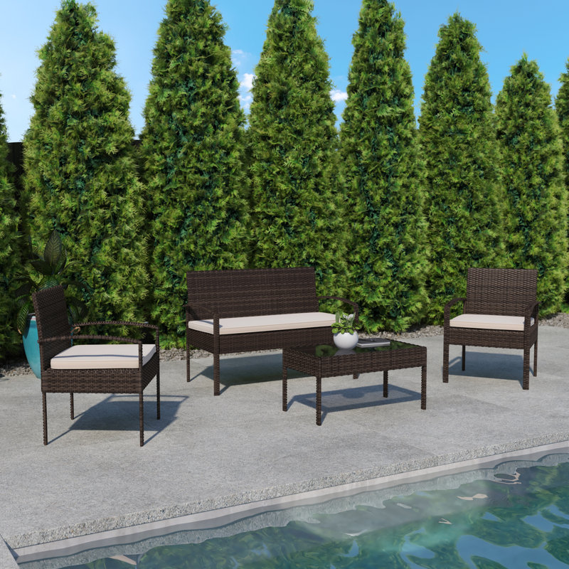 Accomac 4 Piece Outdoor Patio Seating Set with Steel Frame and Cushions, Brown Frame/Beige Cushions