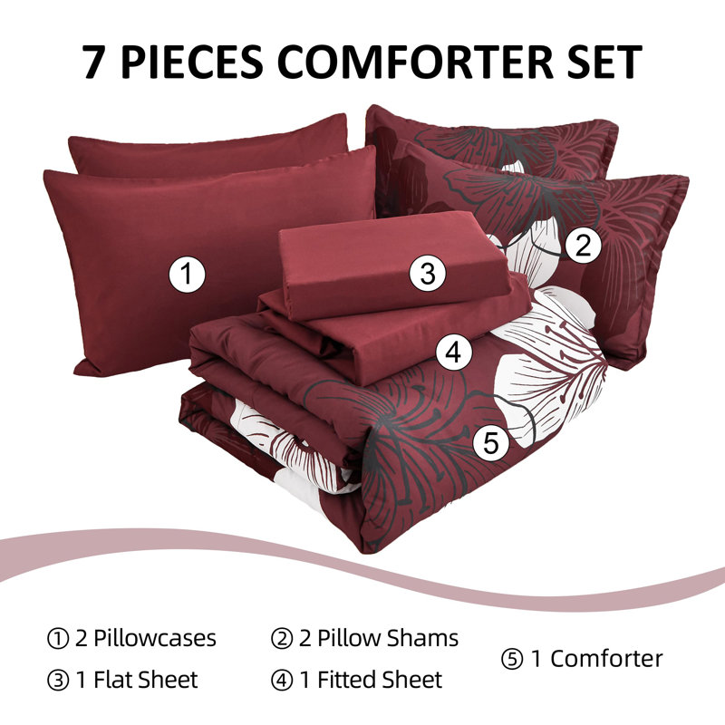 7 Piece Floral Comforter Set Soft Microfiber Bedding Set with Sheets for All Seasons, Burgundy