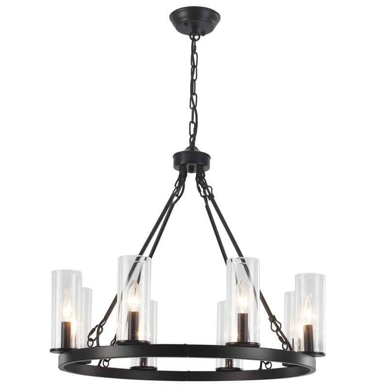 8 - Light 25.95" Dimmable Farmhouse Candle Style Wagon Wheel Chandelier With Glass Shape For Dining Room, Matte Black
