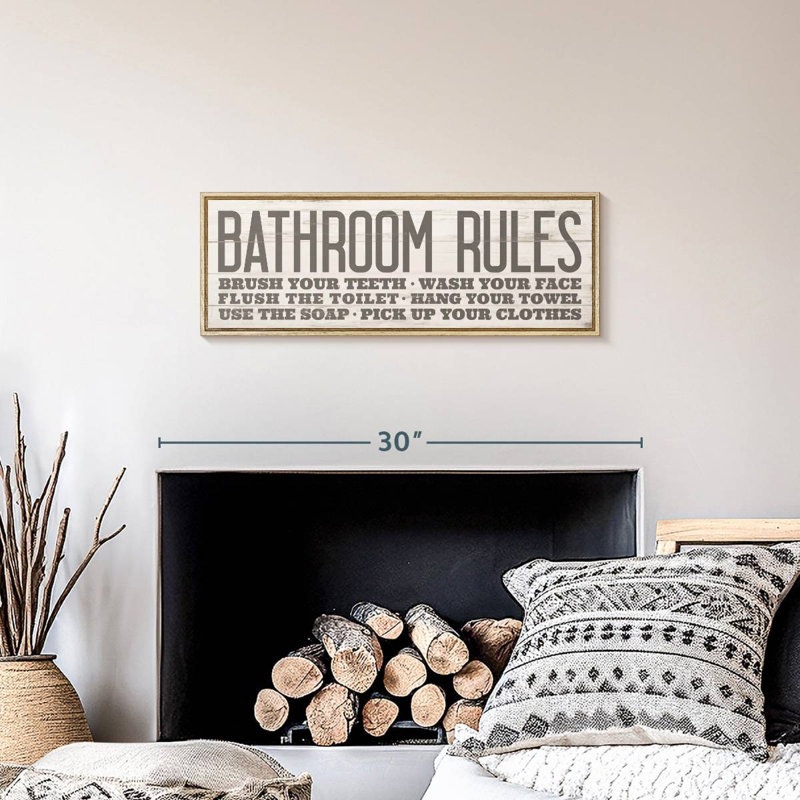 Vintage Bathroom Rules III, 25 po x 9 po, Floating Frame Natural Wood