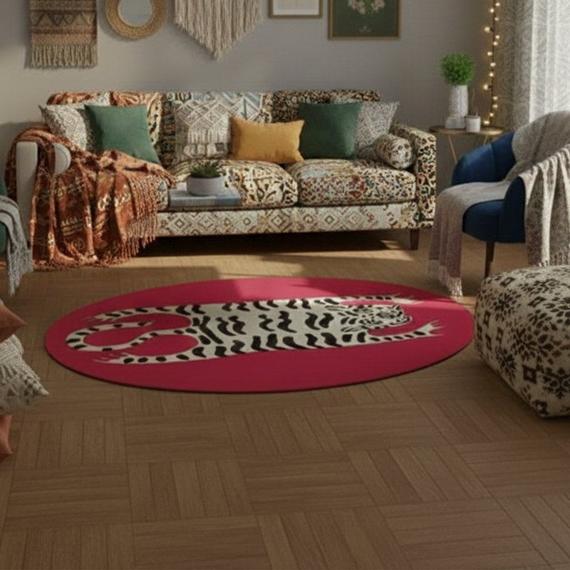 Tapis ovale tigre et framboise blanc lavable à la machine 100% coton 4 pi x 6 pi