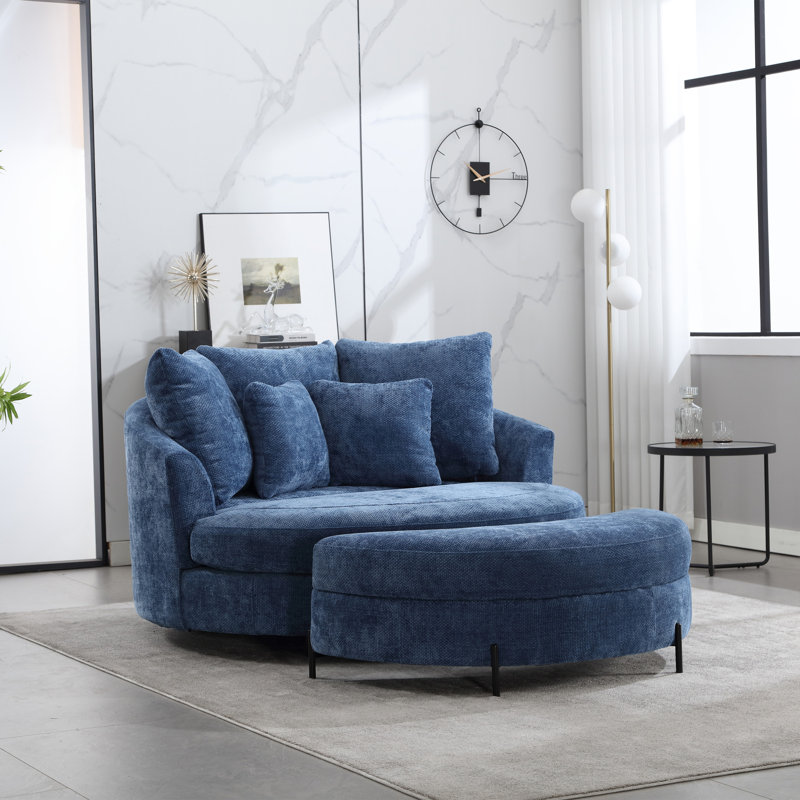 Slipcovered Barrel Chair With Ottoman, Blue Chenille