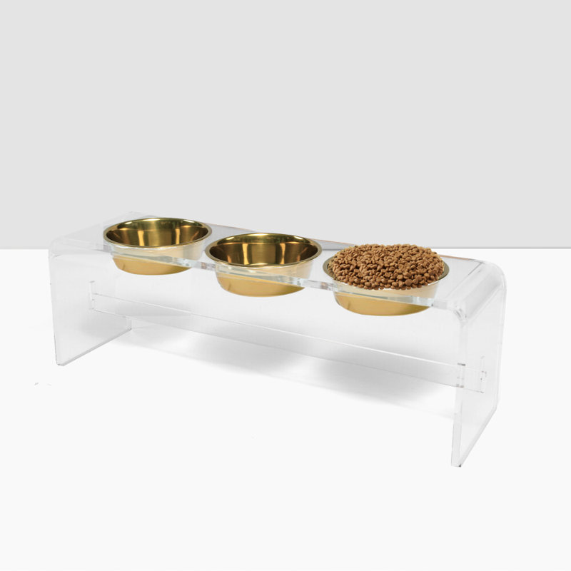 Tall Clear Triple Dog Bowl Feeder with Bowls, Gold