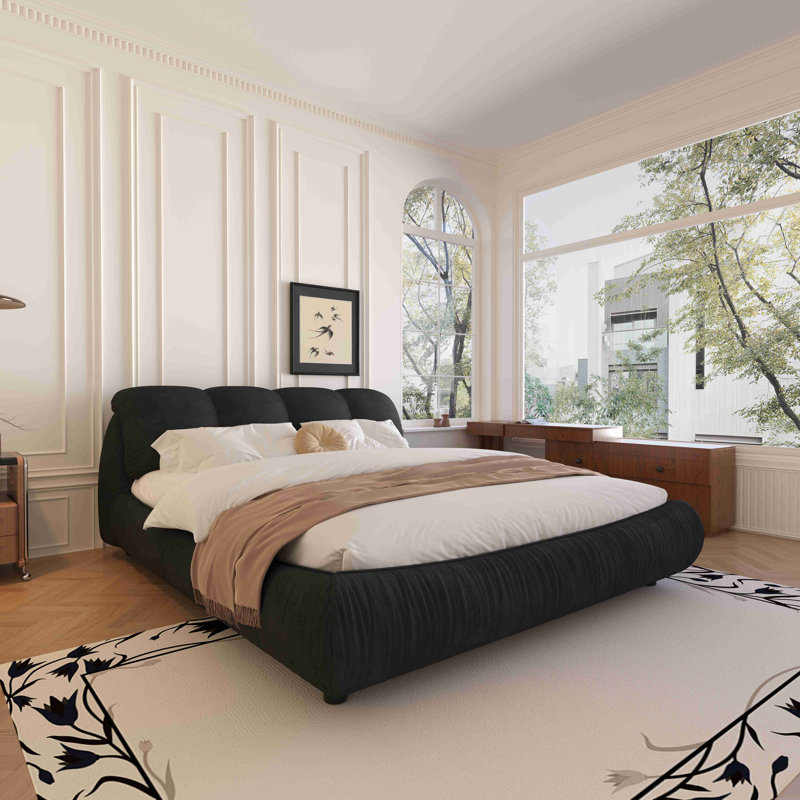 Lit plateforme tapissier de luxe avec dossier rembourré surdimensionné et cadre en bois massif pour plusieurs hauteurs de matelas