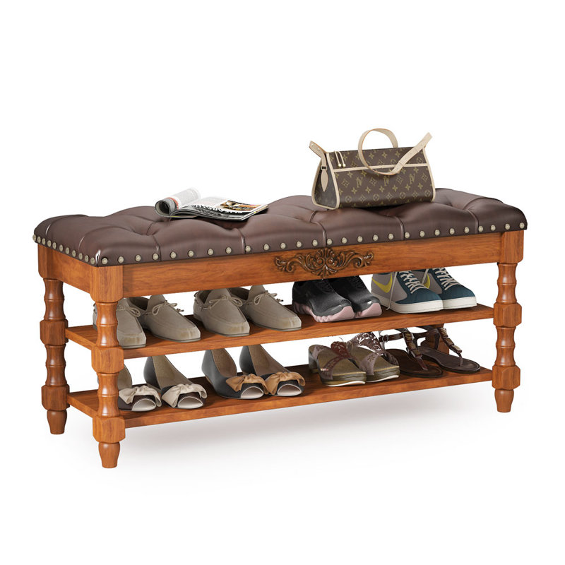 Solid Wood Storage Bench with Tufted Leather Seat, 2-Tier Entryway Shoe Bench with Lift Top