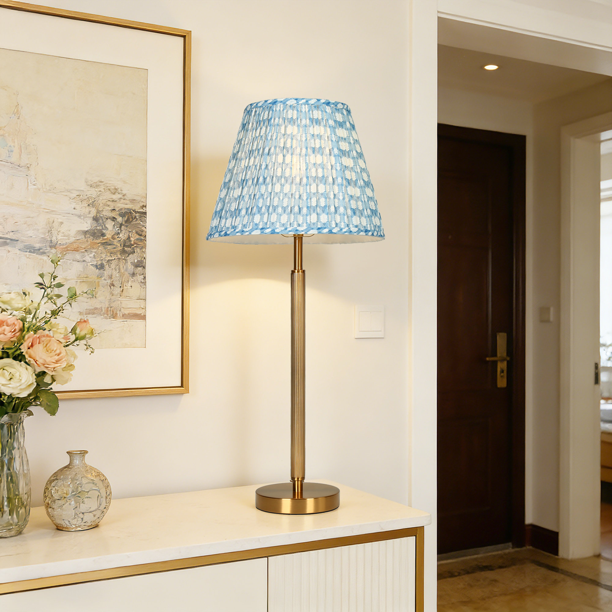 1-Light Dimmable 27.6’’ H Fabric Pleats Buffet Modern Farmhouse Table Lamp, Blue