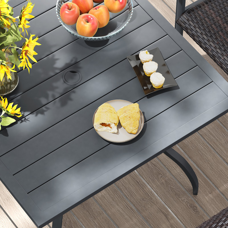 4-Person Patio Dining Set with Suqare Metal Dining Table and 4 Rattan Armrest Dining Chairs, Dark Gray