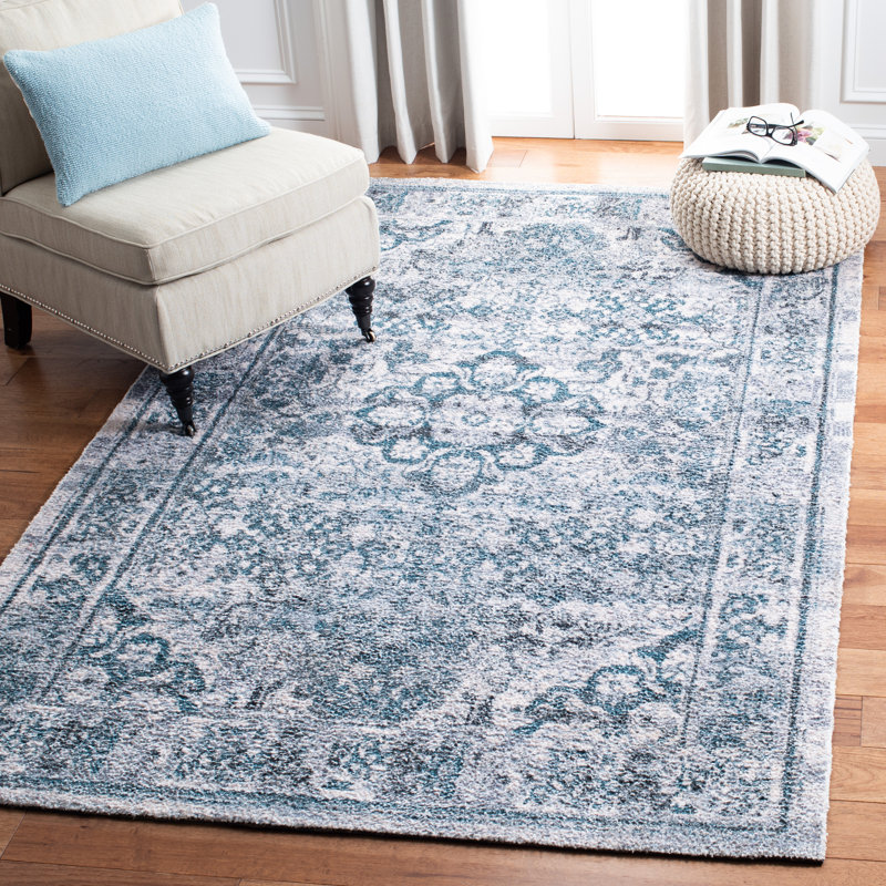 Tapis oriental oriental en polyester touffeté à la main bleu turquoise, Rectangle de 5 pi x 8 pi