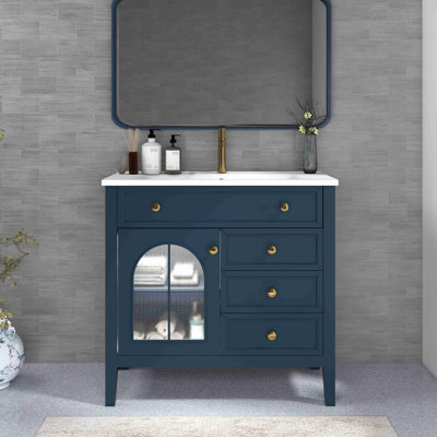 Meuble-lavabo de salle de bain 35,6 po Mid-Century avec verre à motif et bande lumineuse à capteur de mouvement, meuble-lavabo sur pied Farmhouse