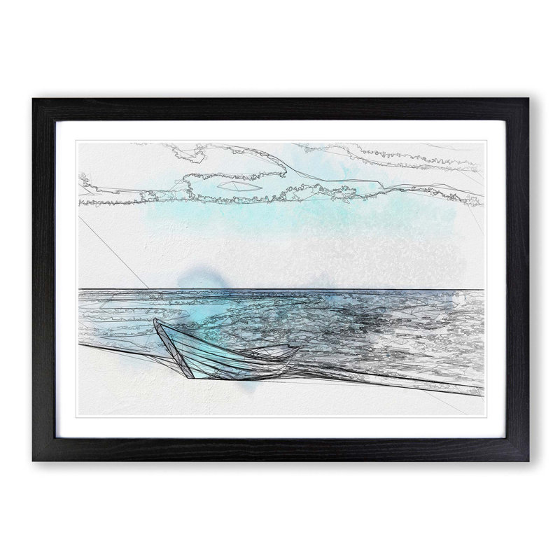 Blue Boat upon the Beach in Abstract - Picture Frame Drawing Print, 62cm H x 87cm W x 2cm D, Black Framed