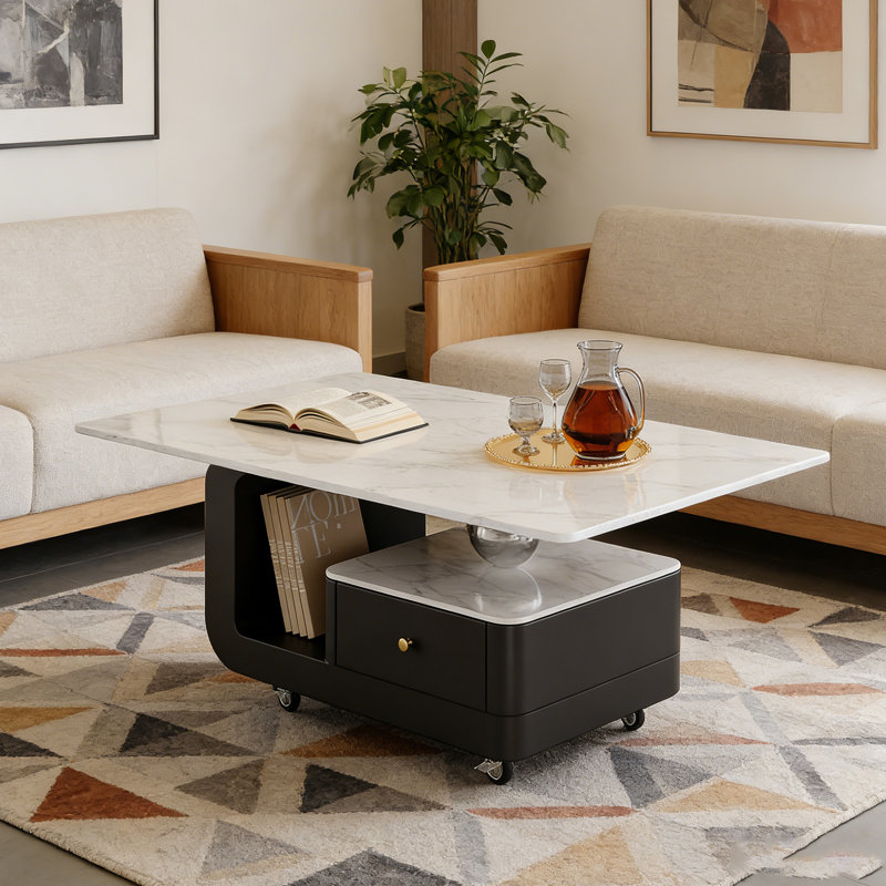 Table basse mobile avec rangement en ardoise, H 17,71 po x L 35,43 po x l 17,71 po, Blanc / gris clair, Noir