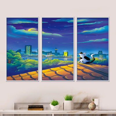 «Moon Night Cat and Moon City Scene», reproduction de cadre flottant sur toile 3 pièces
