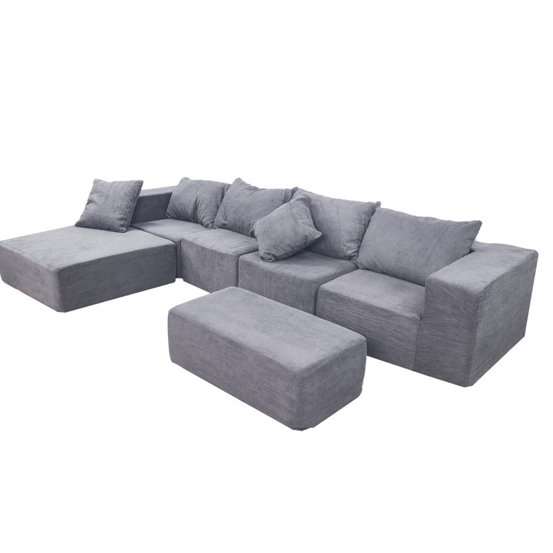 Grey Modular 4 Seat Couches With 2 And Oversized Chaise, Cloud For American - Style Living Room, Velvet Main Material, Medium Firm Seat, Standard 100 By Corduroy, Shrink , Stain Machine Washable,