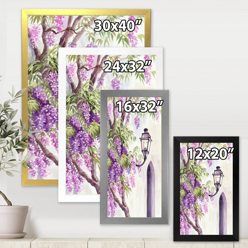 Wisteria and Lantern - reproduction sur toile, Toile avec cadre noir, H 32 po x l 24 po x P 1,5 po