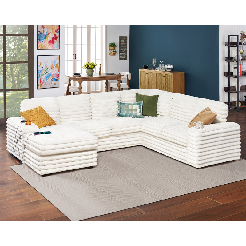 Glendora 112'' Sectional Sofa with USB Charging, Chaise Storage & Cup Holders, Beige Faux Fur