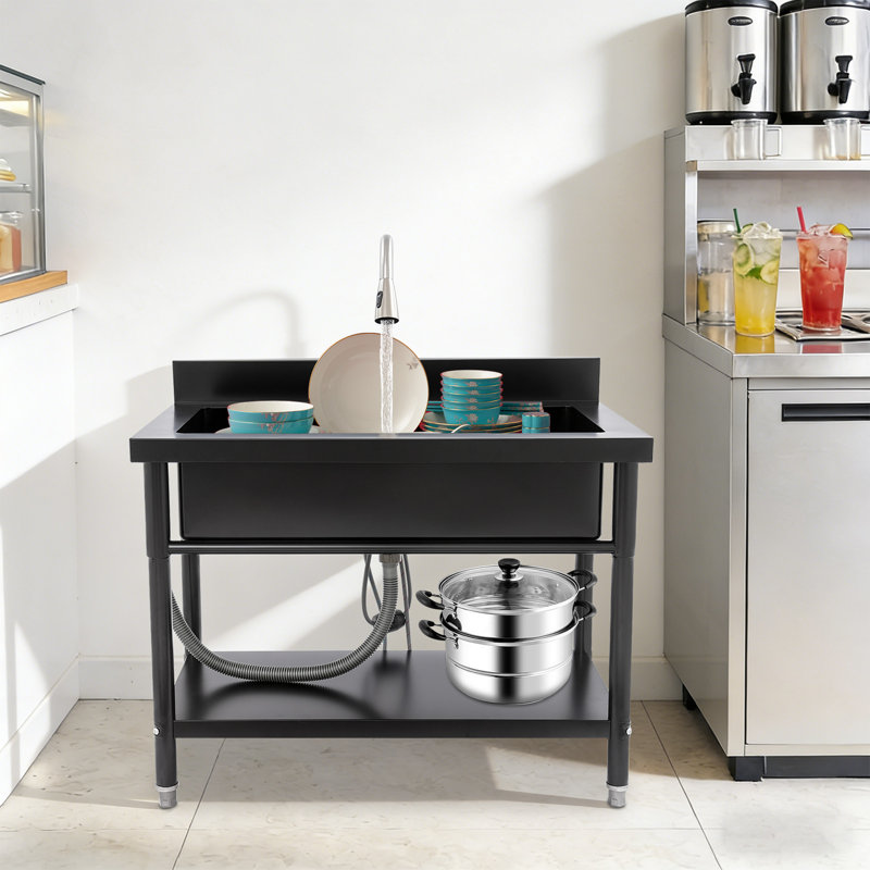 Freestanding Stainless Steel Utility Sink With Pull-Out Faucet, Matte Black
