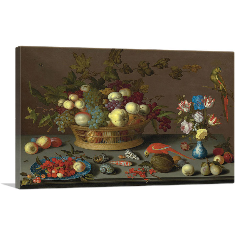 «Flowers in Vase, Fruit and Red Parrot» par Balthasar van der Ast - impression sur toile tendue, H 26 po x l 40 po x 1,5 po