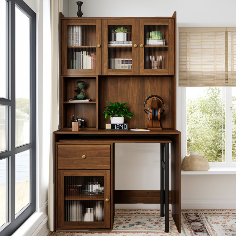Bureau d'ordinateur en L avec bibliothèque et huche, table d'étude rotative à 90 ° pour le bureau à domicile, armoire moderne pour salon