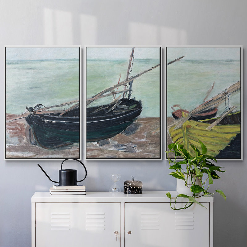 "Bateaux sur la plage", 1885, peinture sur toile 3 pièces, H 40 po x l 78 po, Cadre blanc