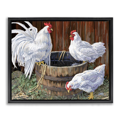 «Chatting At Watercooler Chickens», art mural encadré sur toile flottante, design par Joseph Burgess