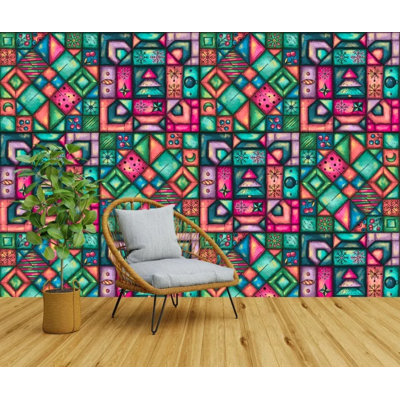 Colorful Stained Glass Wall Mural with Geometric Christmas Mosaic Festive Holiday Art for Home Decor
