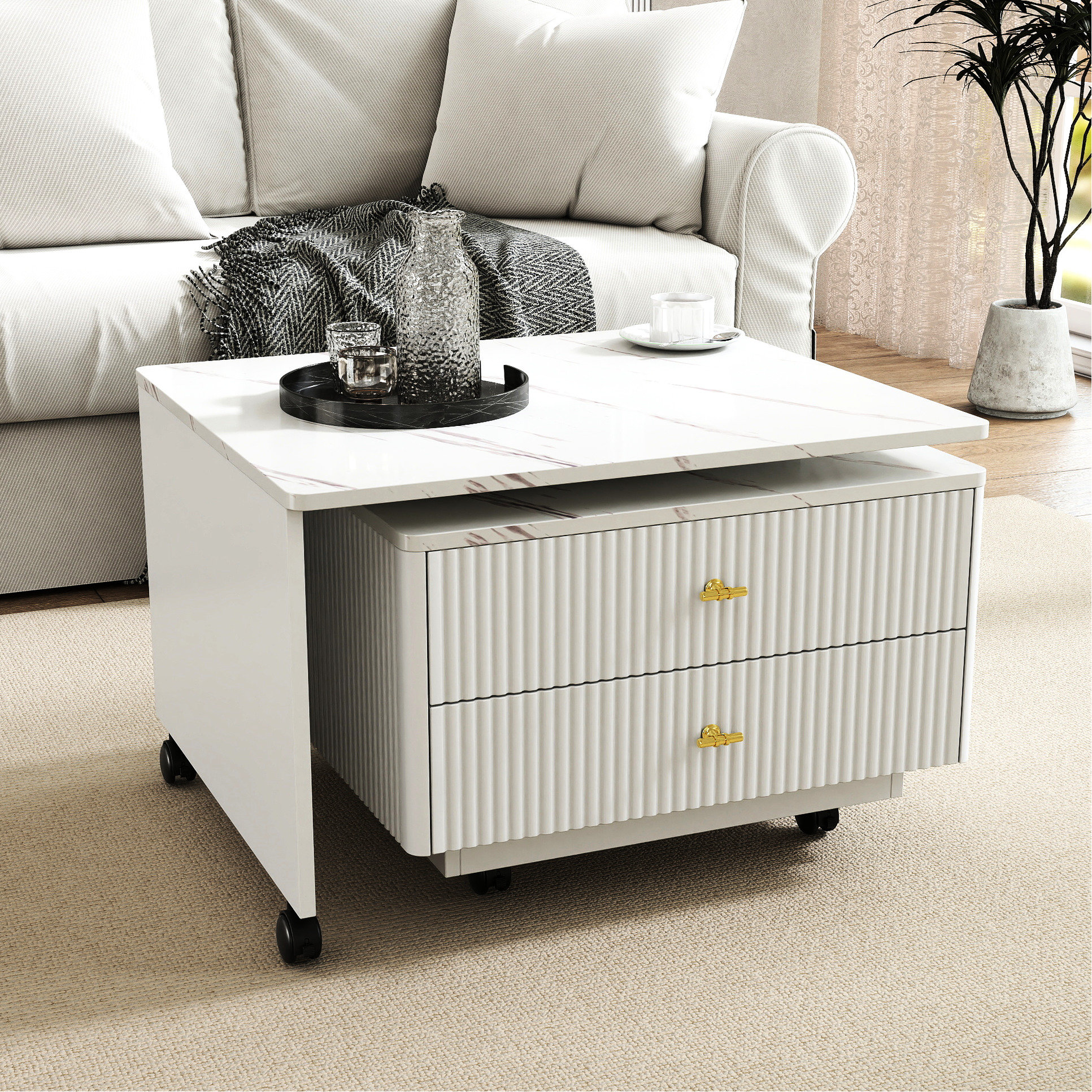 George Oliver Extendable White Coffee Table With 2 Drawers And 6 Wheels ...
